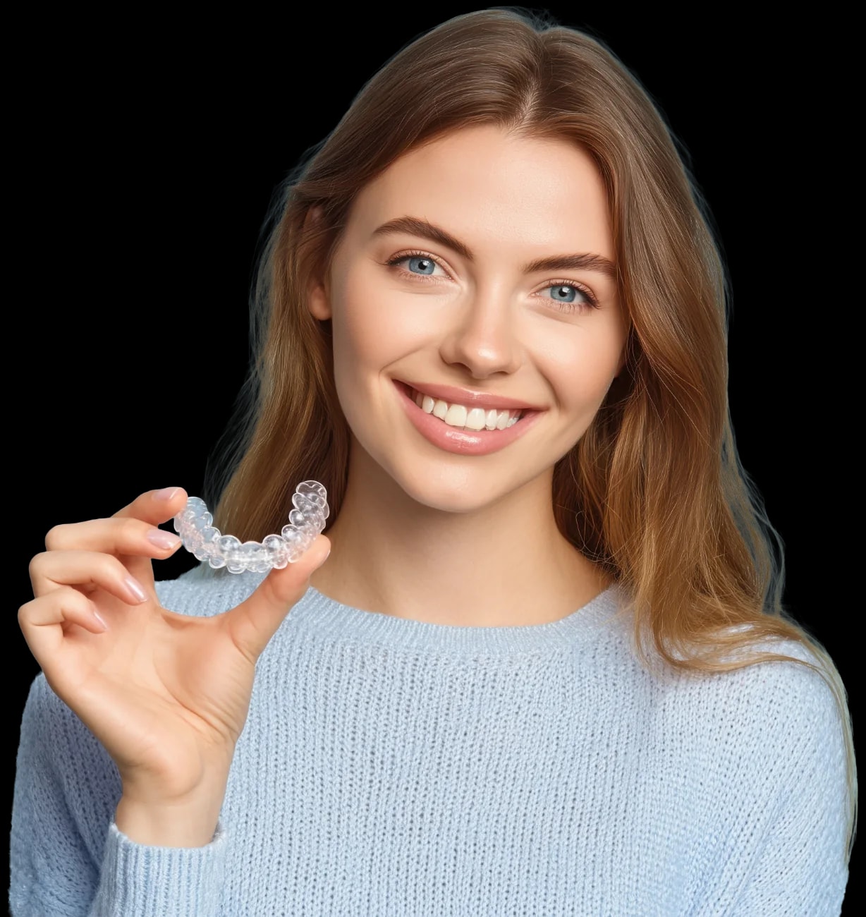 A clear aligner tray on a scanned dental model